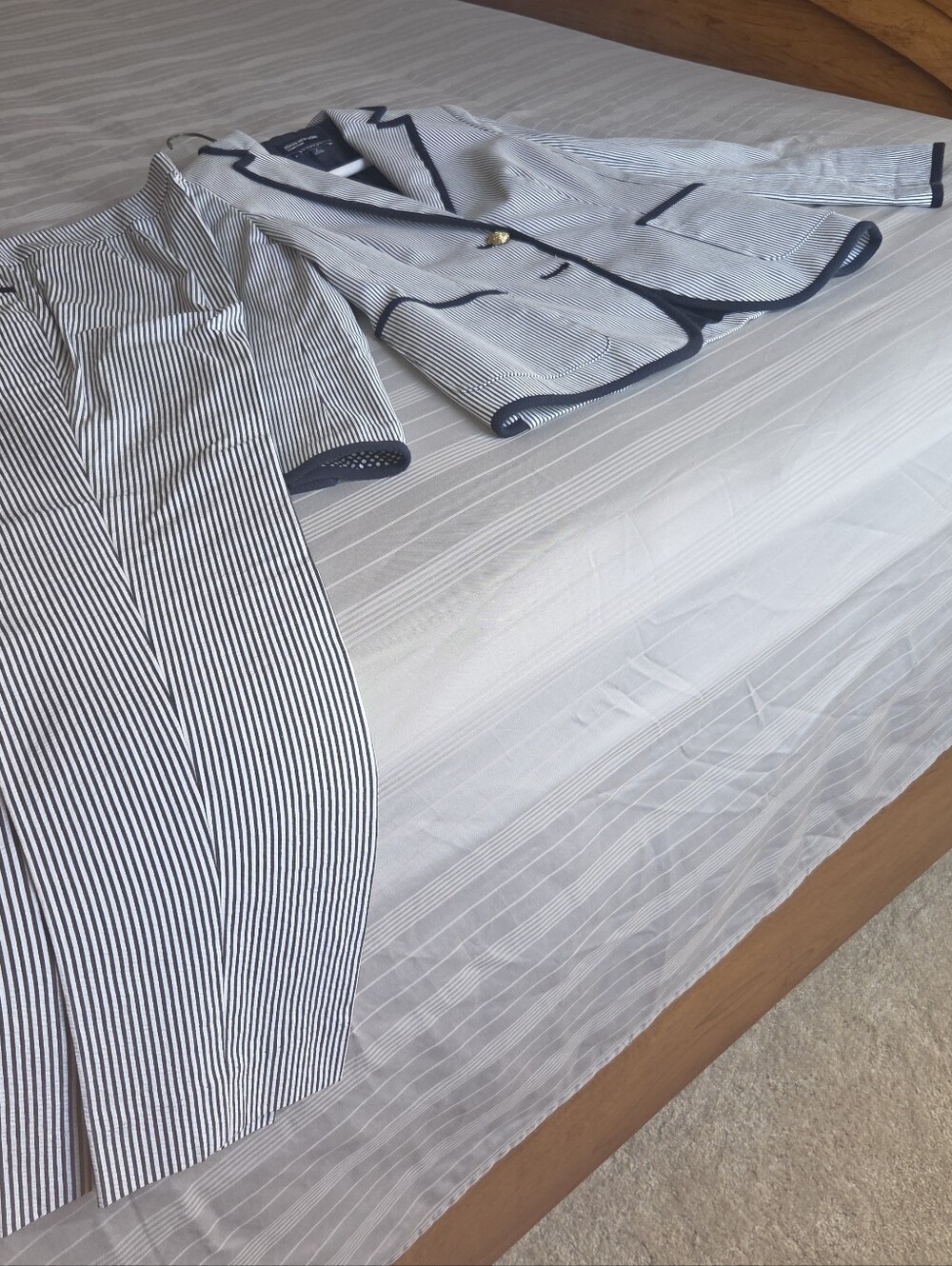 Striped Searsucker Pants Suit with Navy Trim (Fabric Stretches) - Picture 2 of 3